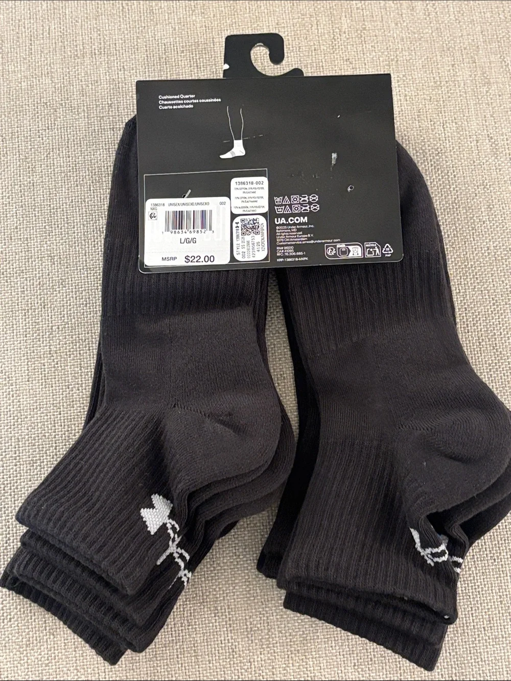 Under Armour Training Cotton Quarter Socks NWT Black 6-pack Unisex